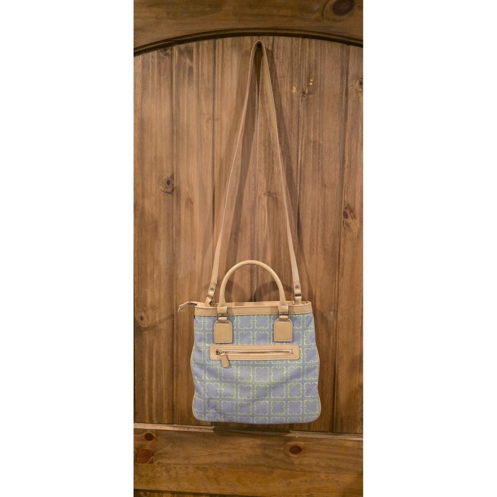 Liz Claiborne Tote Handbag Womens Blue Geometric Canvas Leather Trim Classic - Picture 2 of 11